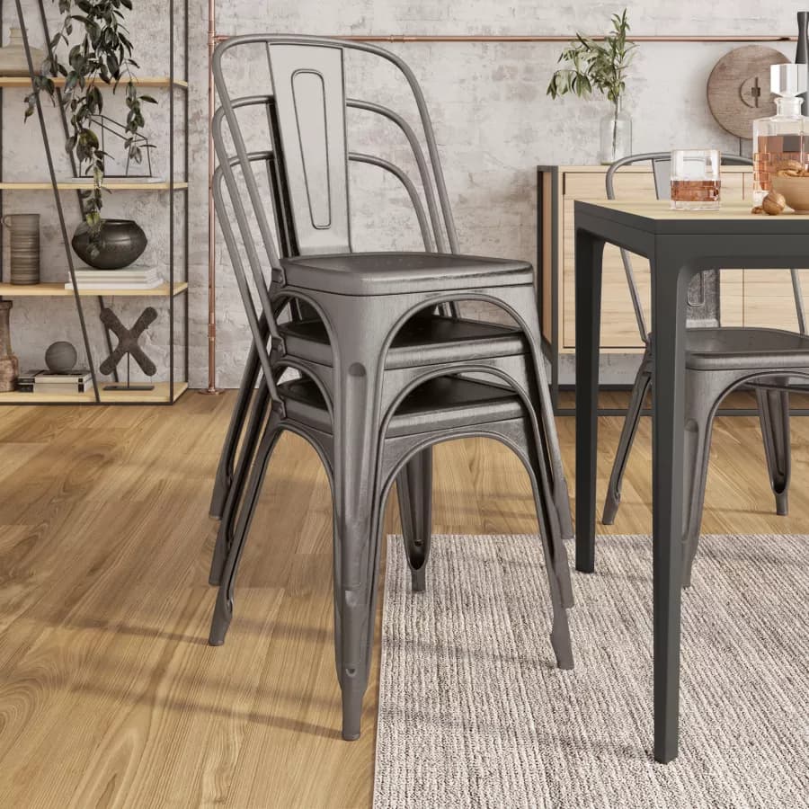 Sedia impilabile stile industrial in metallo grigio spazzolato - Farley
