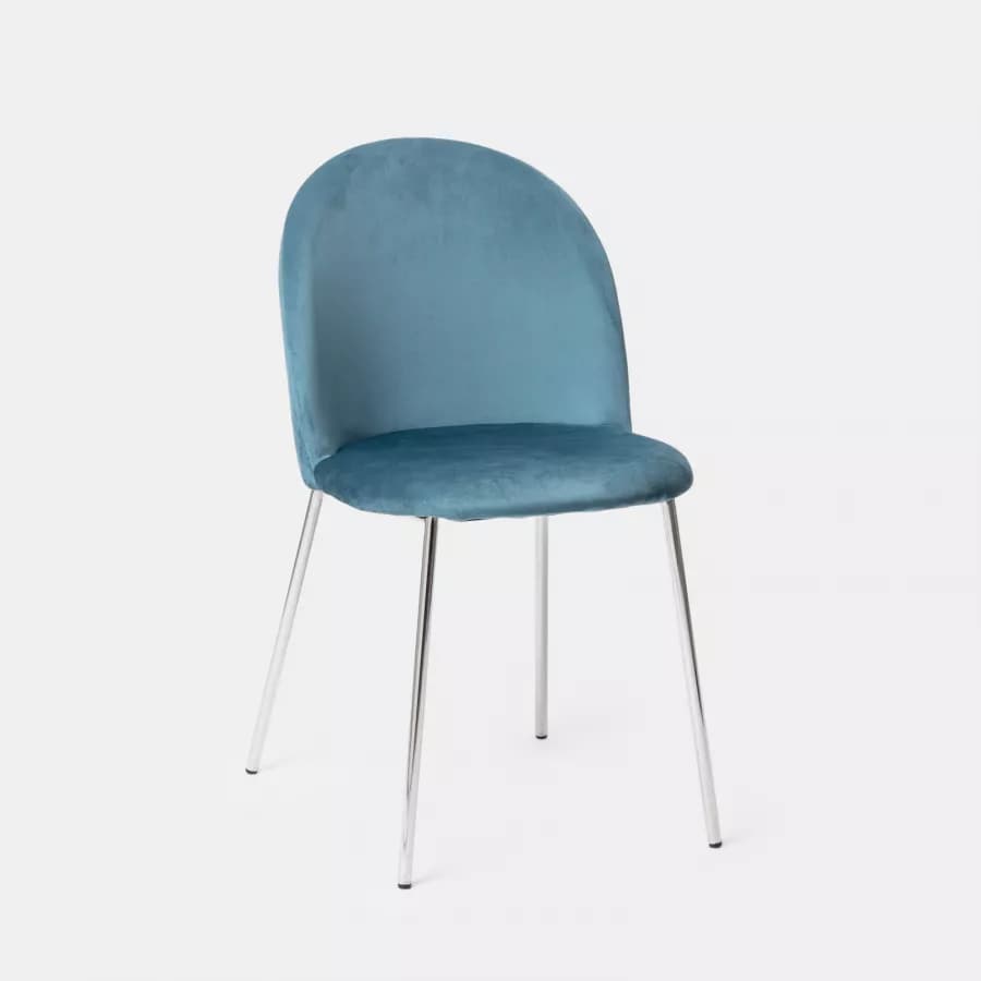 Sedia in velluto blu avio con gambe in metallo cromo - Zilla