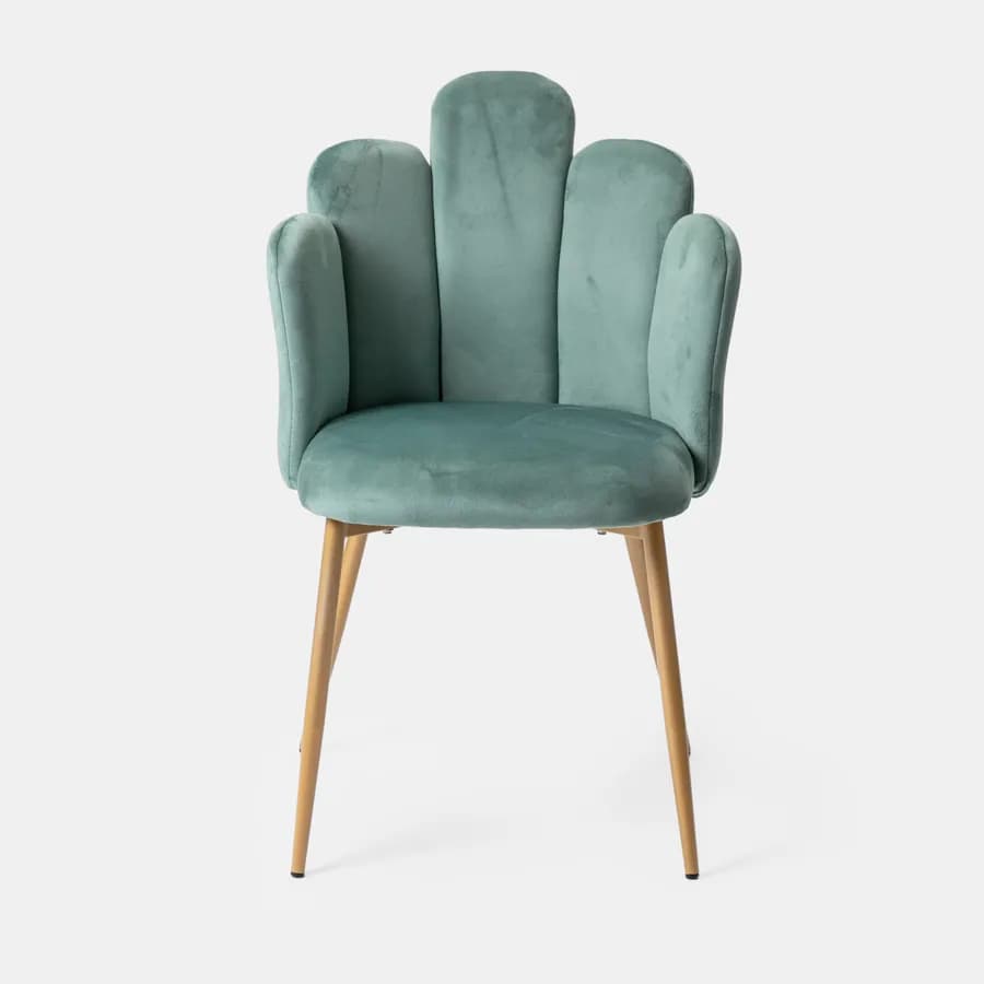Sedia in velluto verde salvia con schienale a conchiglia e gambe in metallo finitura oro - Pedersen