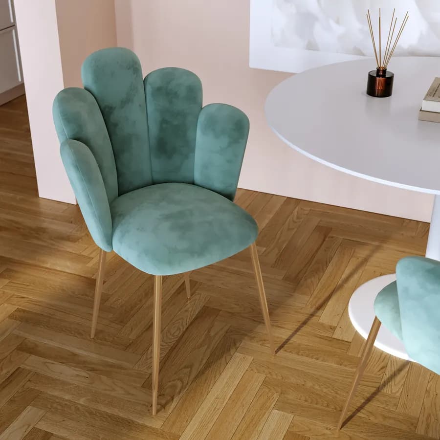Sedia in velluto verde salvia con schienale a conchiglia e gambe in metallo finitura oro - Pedersen