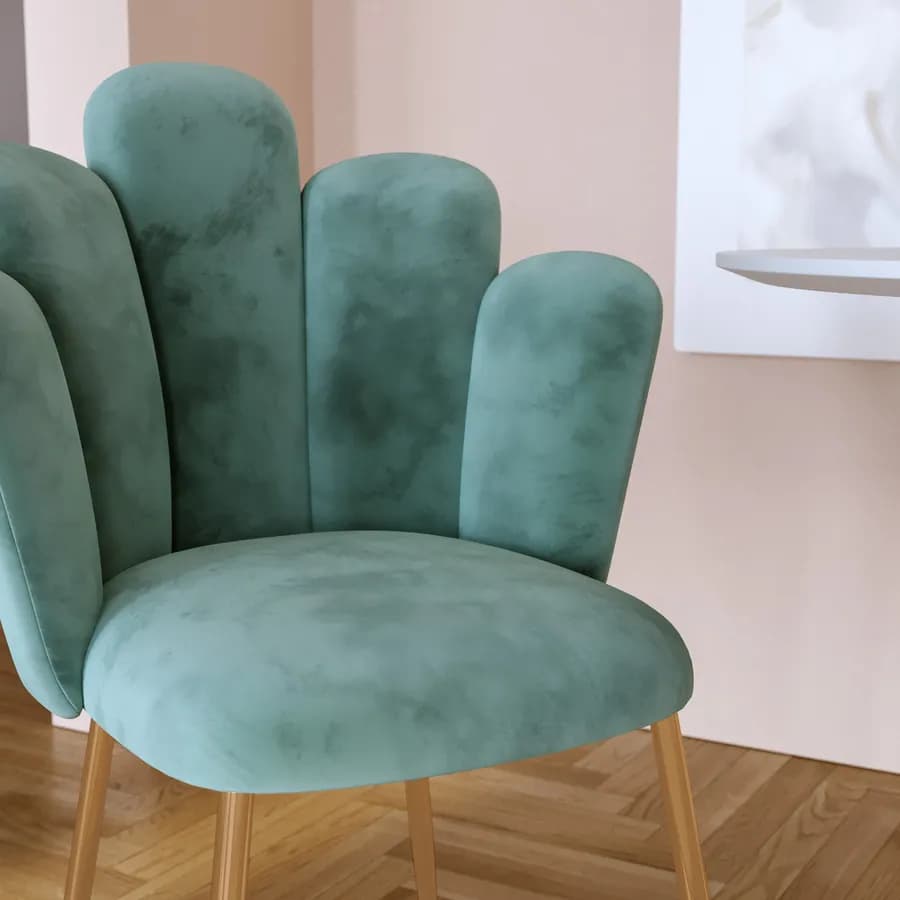 Sedia in velluto verde salvia con schienale a conchiglia e gambe in metallo finitura oro - Pedersen