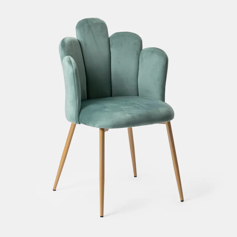 Sedia in velluto verde salvia con schienale a conchiglia e gambe in metallo finitura oro - Pedersen