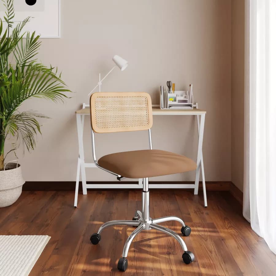 Sedia da ufficio girevole in similpelle cappuccino e schienale in rattan - Wien