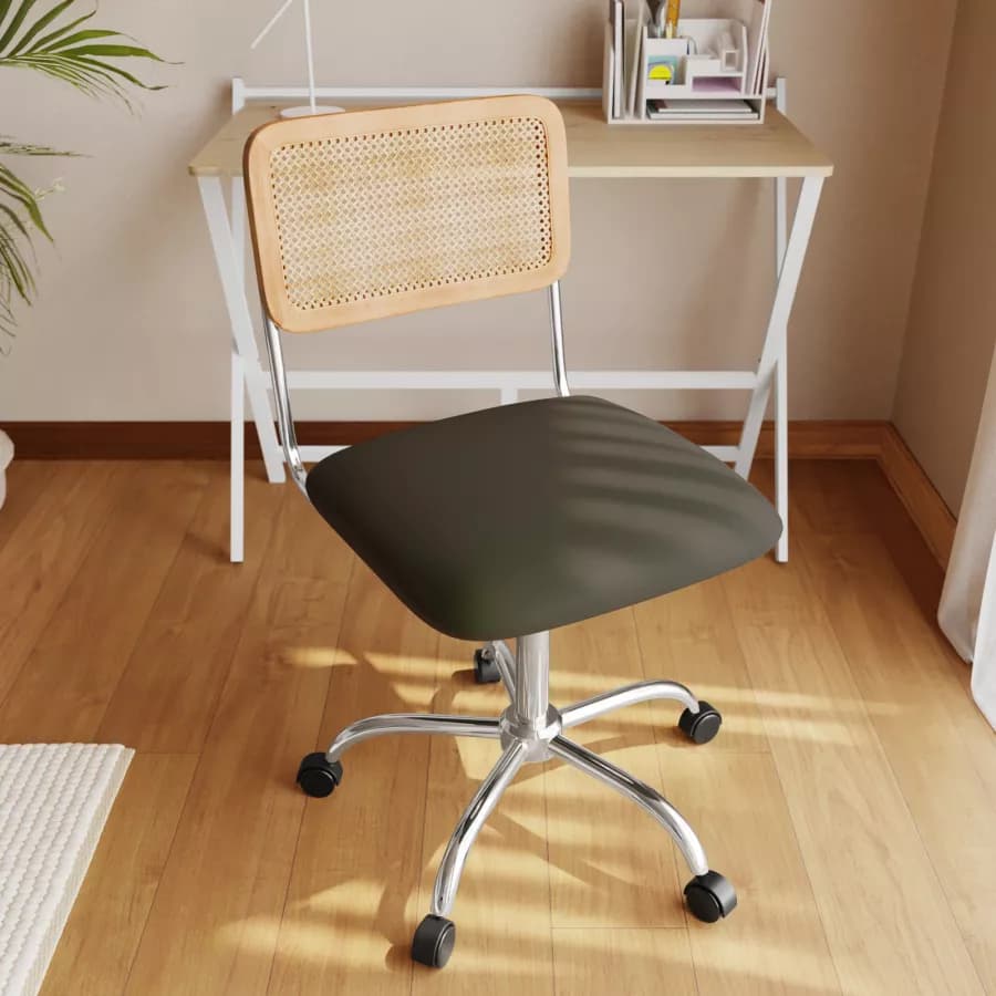 Sedia da ufficio girevole in similpelle verde militare e schienale in rattan - Wien