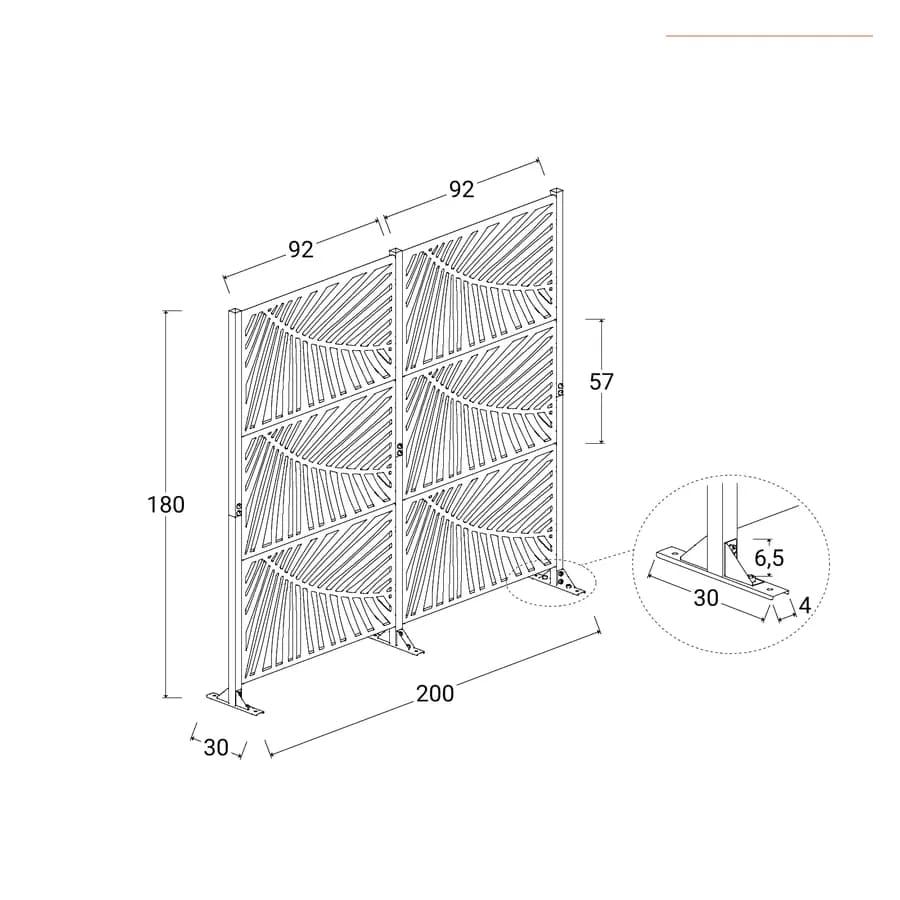 Separé doppio da giardino in acciaio bianco 200x30x180h cm con disegno tropicale - Callen