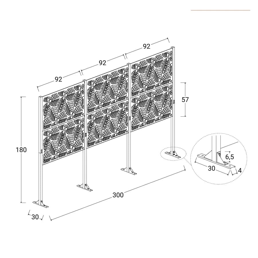 Separé triplo da giardino 300x30x180h cm con disegno foglia di palma in acciaio bianco - Callen