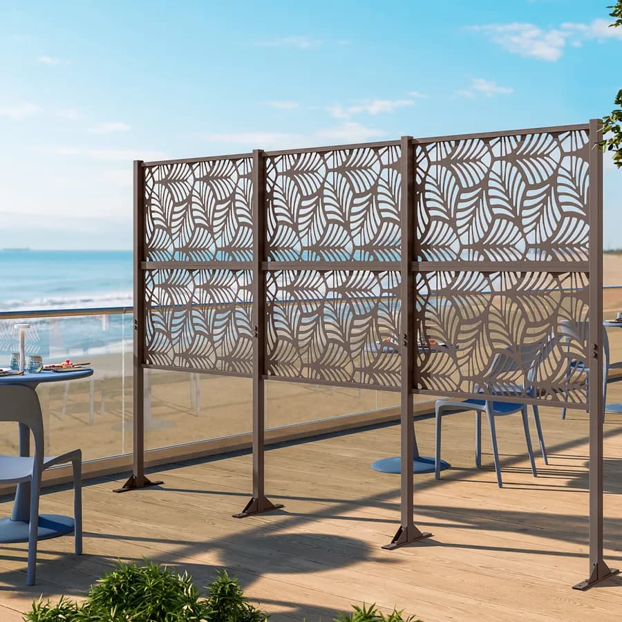 Separé triplo da giardino 300x30x180h cm con disegno foglia di palma in acciaio bronzo - Callen