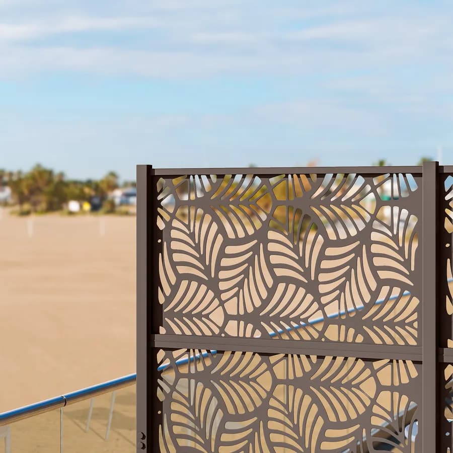 Separé triplo da giardino 300x30x180h cm con disegno foglia di palma in acciaio bronzo - Callen