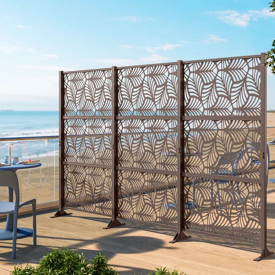 Separé triplo da giardino in acciaio bronzo 300x30x180h cm con disegno foglia di palma - Callen