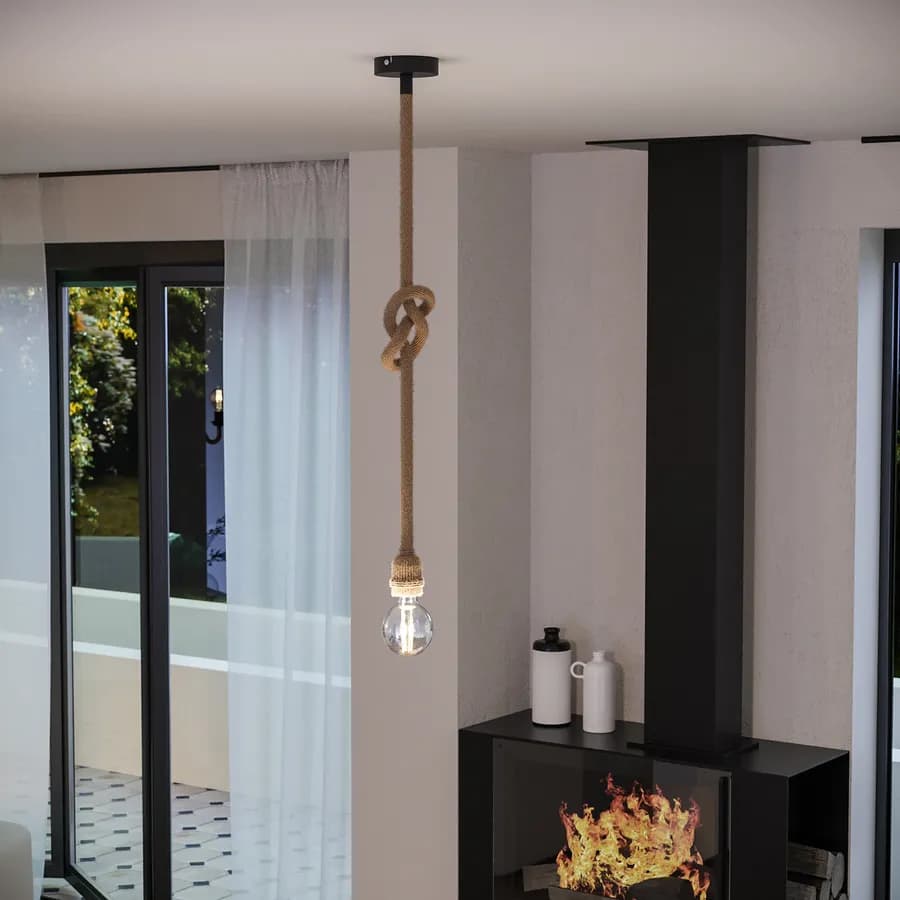 Set lampada sospesa 1 luce e 2 applique in metallo nero e corda naturale
