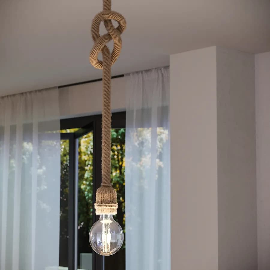 Set lampada sospesa 1 luce e 2 applique in metallo nero e corda naturale