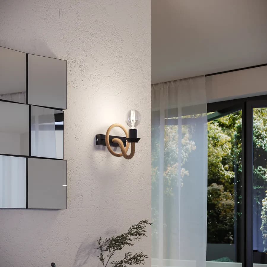 Set lampada sospesa 1 luce e 2 applique in metallo nero e corda naturale