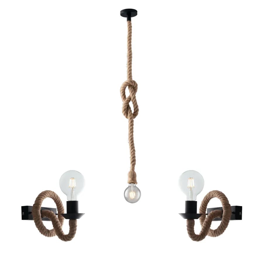 Set lampada sospesa 1 luce e 2 applique in metallo nero e corda naturale