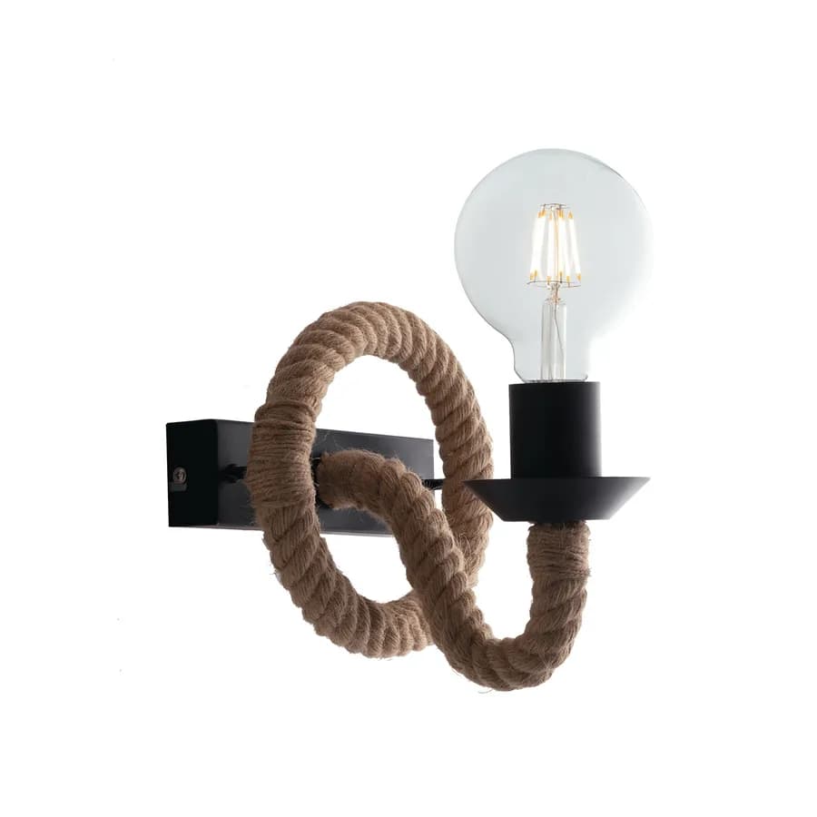 Set lampada sospesa 1 luce e 2 applique in metallo nero e corda naturale
