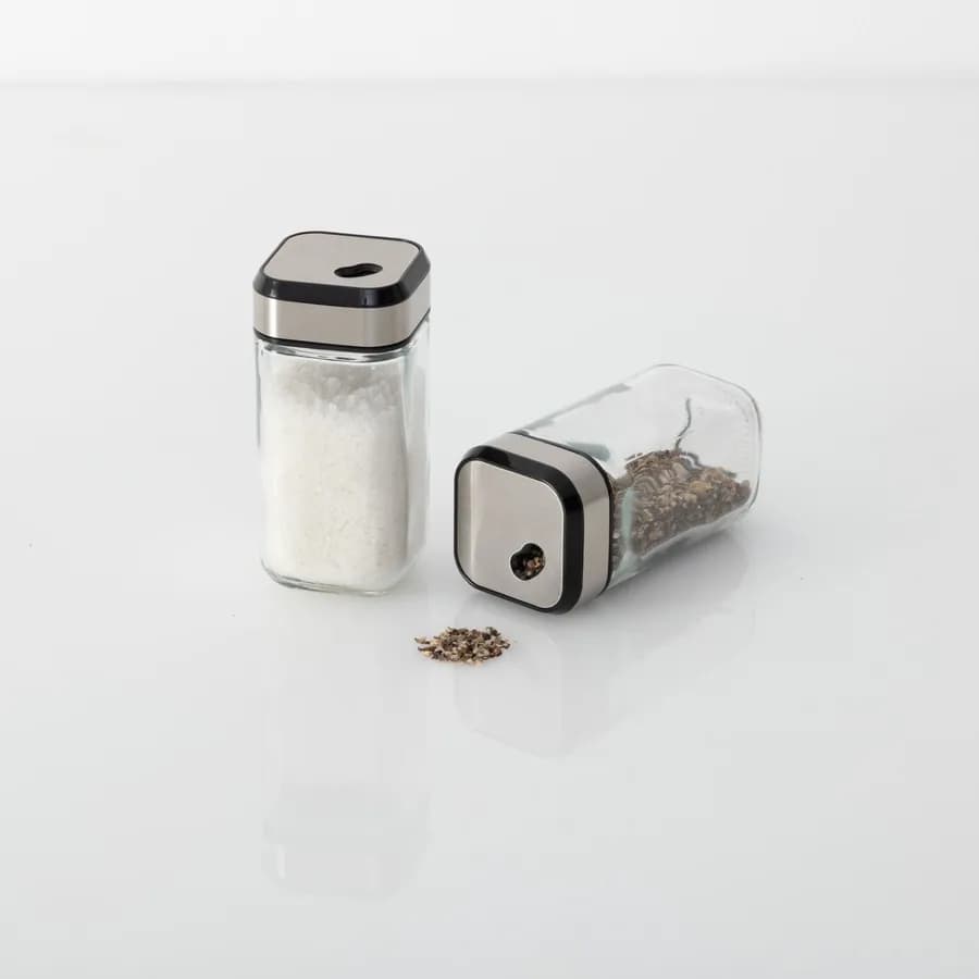 Set 2 contenitori per sale e pepe in acciaio inox cromo e vetro