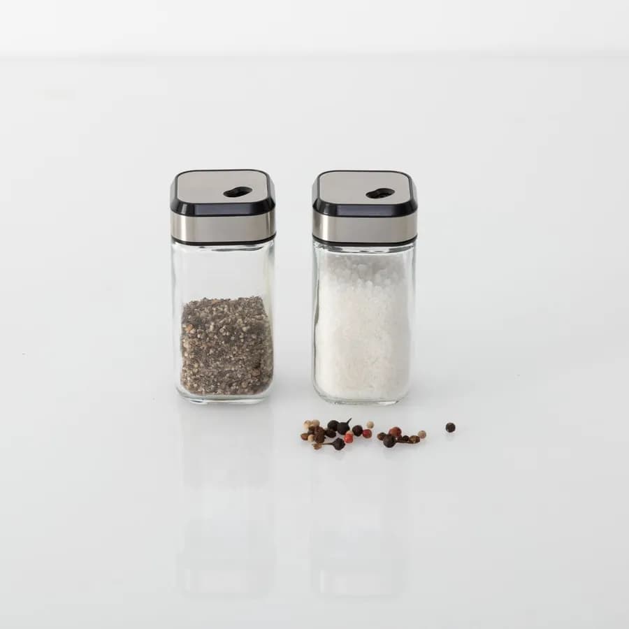 Set 2 contenitori per sale e pepe in acciaio inox cromo e vetro