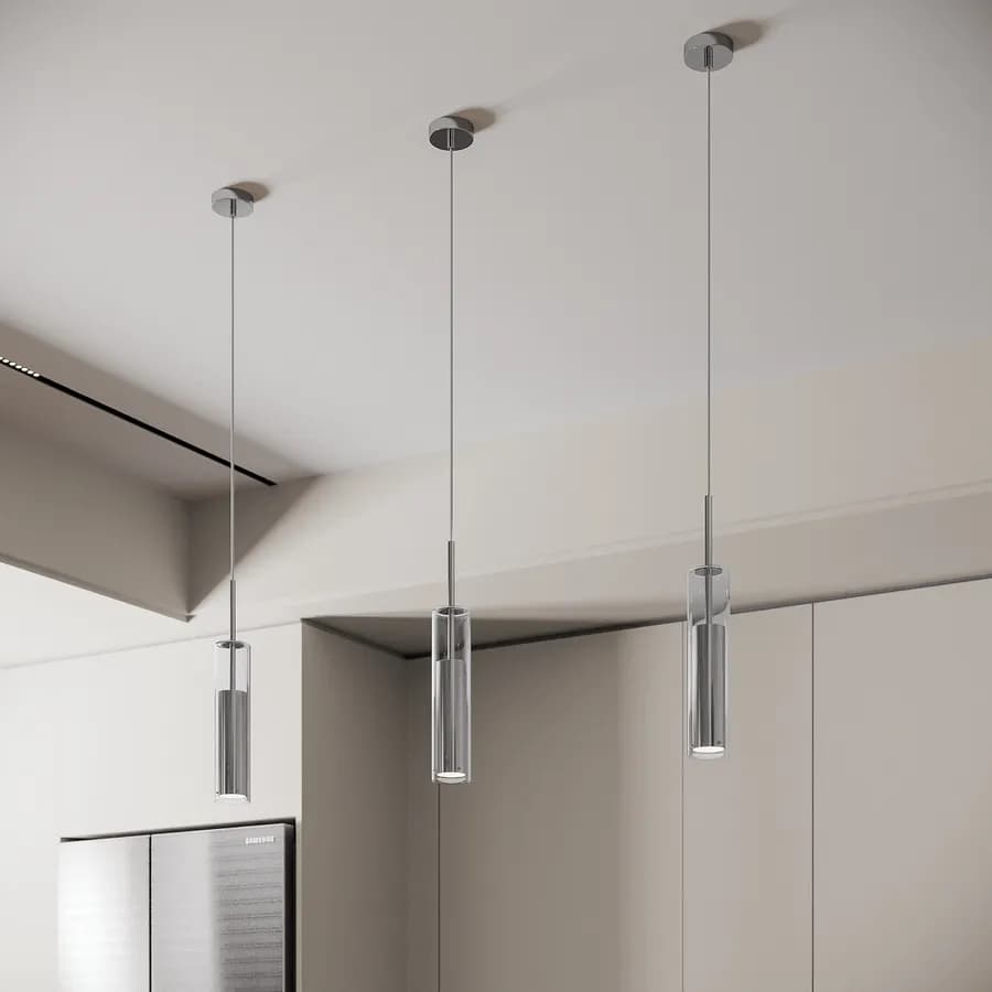 Set 3 lampade a sospensione 170h cm in vetro e metallo cromato