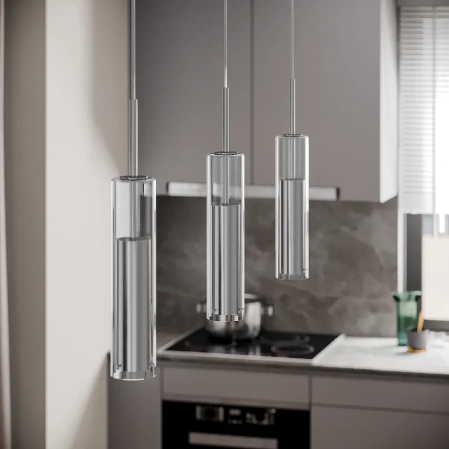 Set 3 lampade a sospensione 170h cm in vetro e metallo cromato