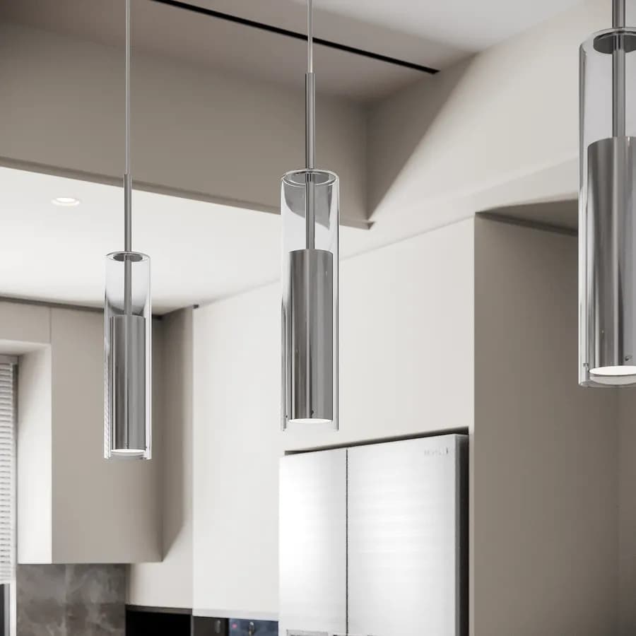 Set 3 lampade a sospensione 170h cm in vetro e metallo cromato