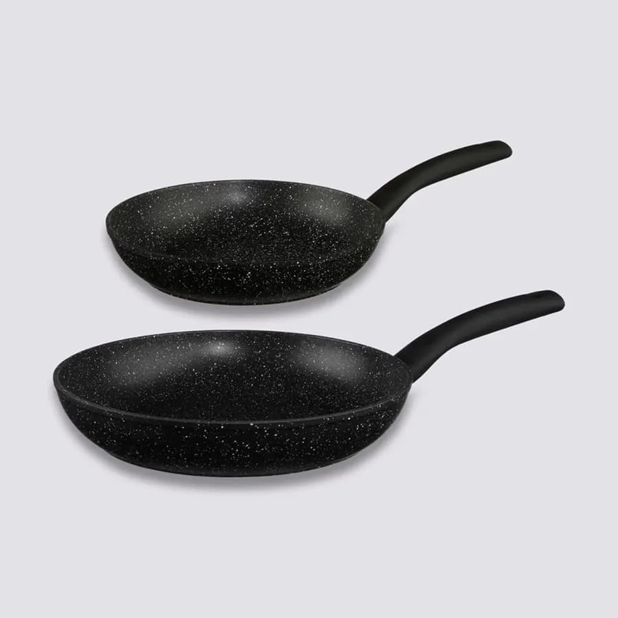Set 2 padelle antiaderenti rotonde 24 cm e 28 cm in alluminio forgiato nero effetto pietra - Yasmira