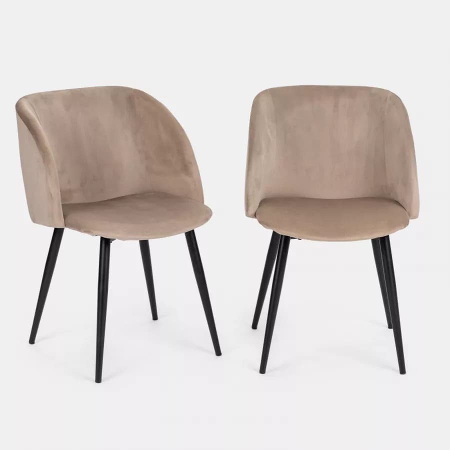 Set 2 sedie in velluto tortora e gambe in metallo nero - Mady