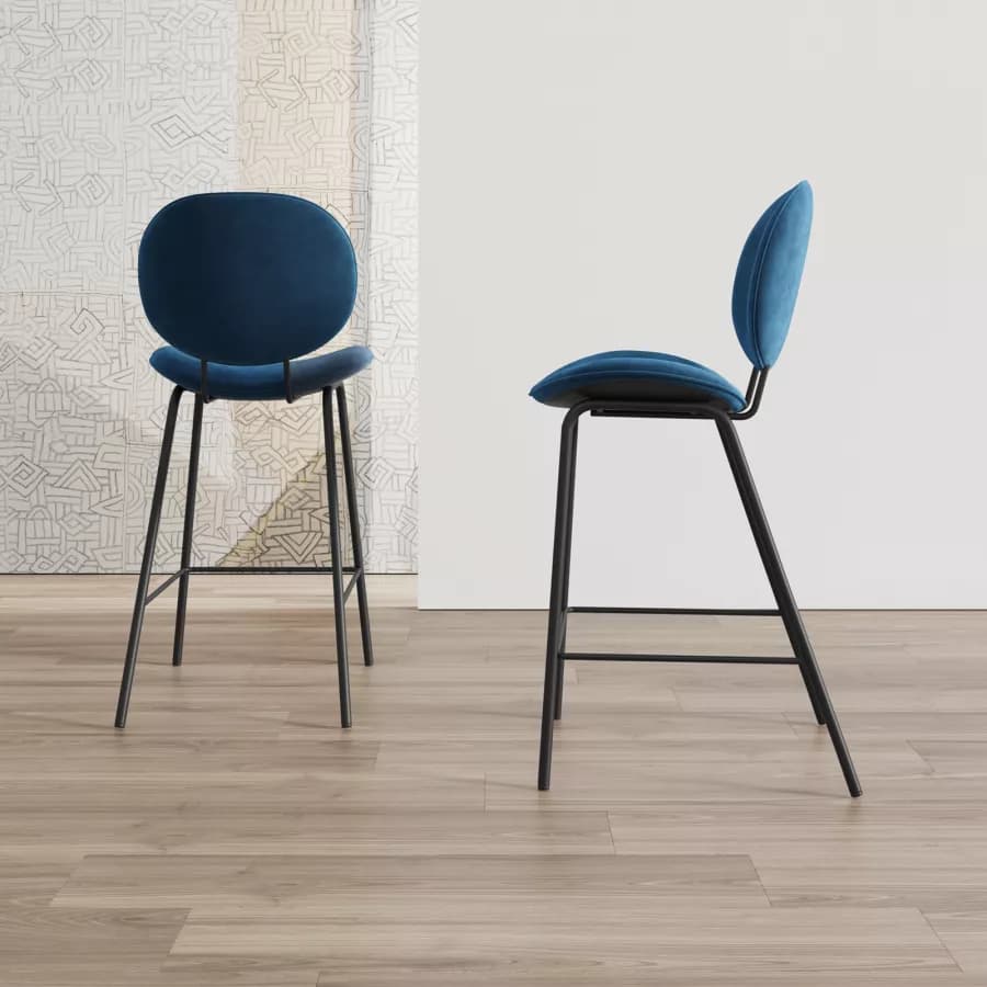 Set 2 sgabelli in velluto blu con gambe in metallo nero - Milva