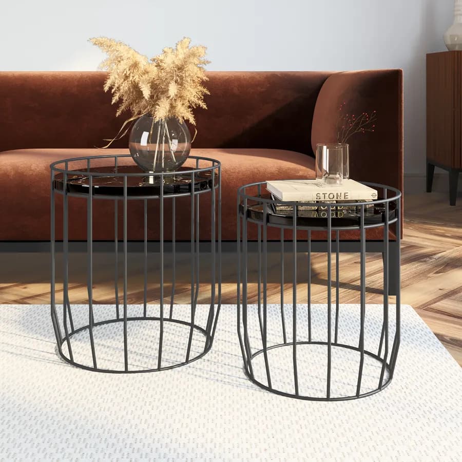 Set 2 tavolini con top effetto marmo e struttura in acciaio nero - Bongo