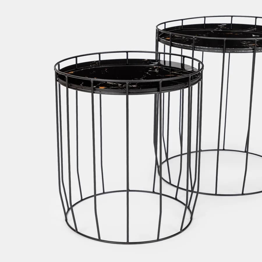 Set 2 tavolini con top effetto marmo e struttura in acciaio nero - Bongo