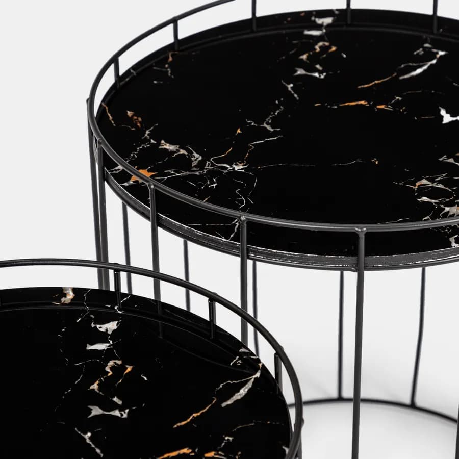 Set 2 tavolini con top effetto marmo e struttura in acciaio nero - Bongo