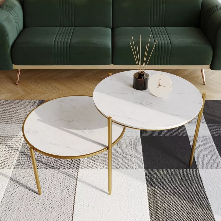 Set 2 tavolini in metallo oro con piano bianco effetto marmo - Lefar