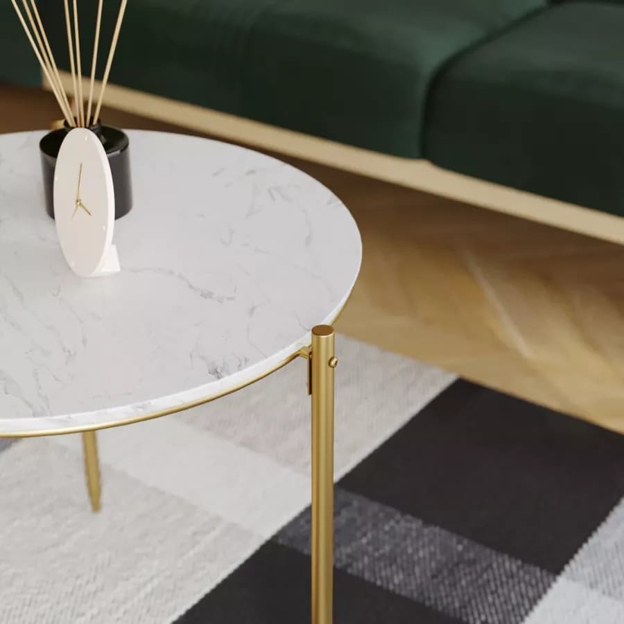 Set 2 tavolini in metallo oro con piano bianco effetto marmo - Lefar