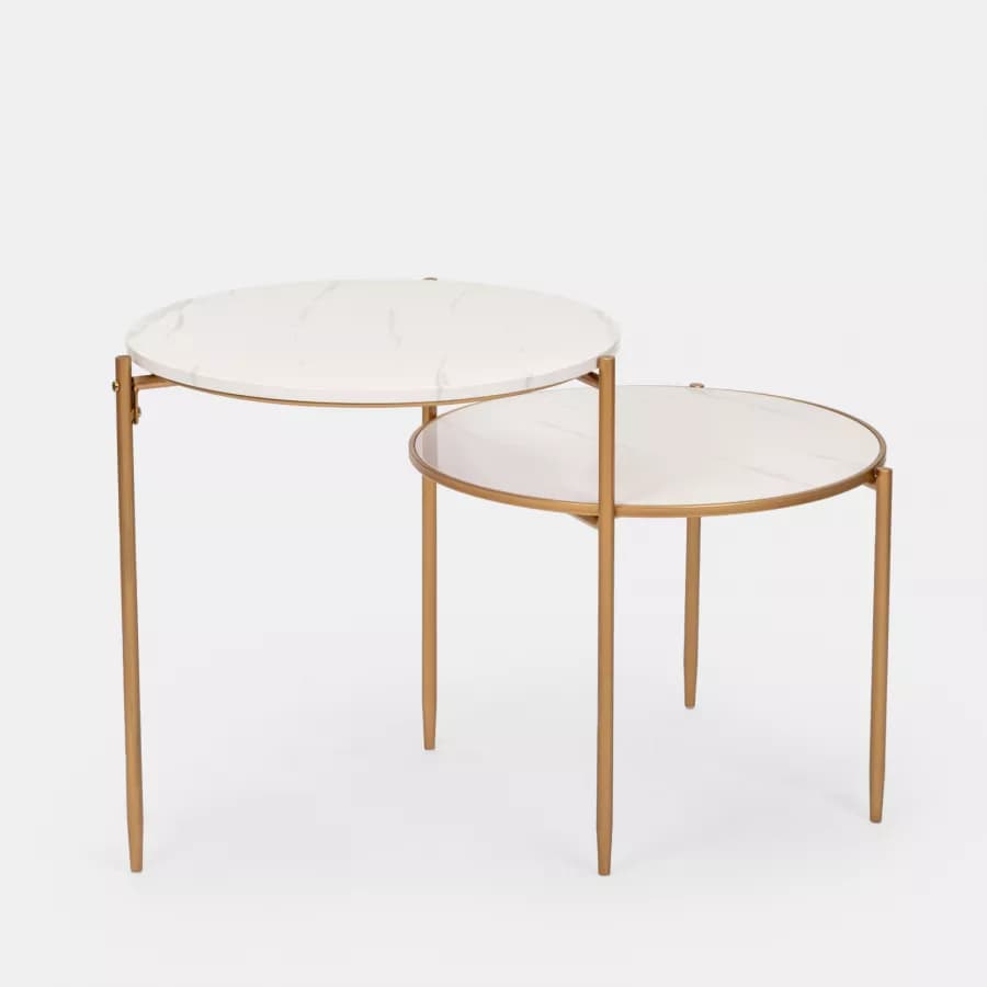 Set 2 tavolini in metallo oro con piano bianco effetto marmo - Lefar
