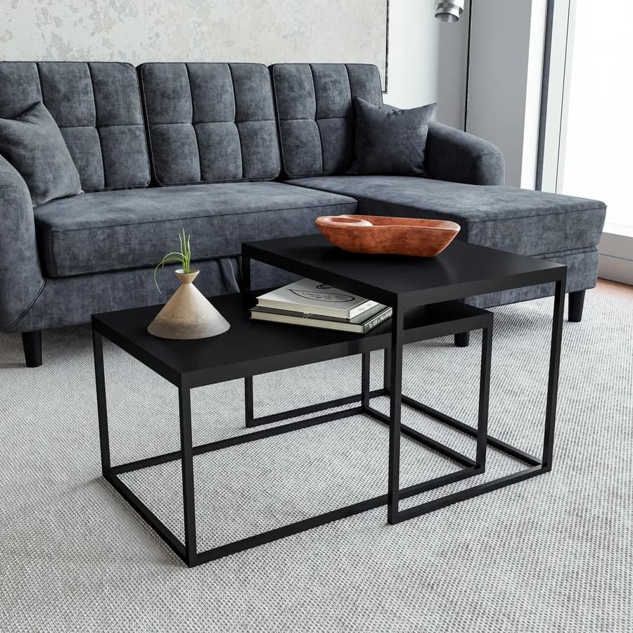 Set 2 tavolini 45x60 cm e 72x45 cm top nero e struttura in metallo - Chara