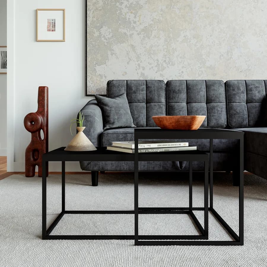 Set 2 tavolini 45x60 cm e 72x45 cm top nero e struttura in metallo - Chara