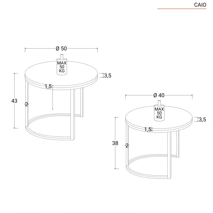 Set 2 tavolini rotondi con piano effetto rovere e struttura in metallo nero - Caio