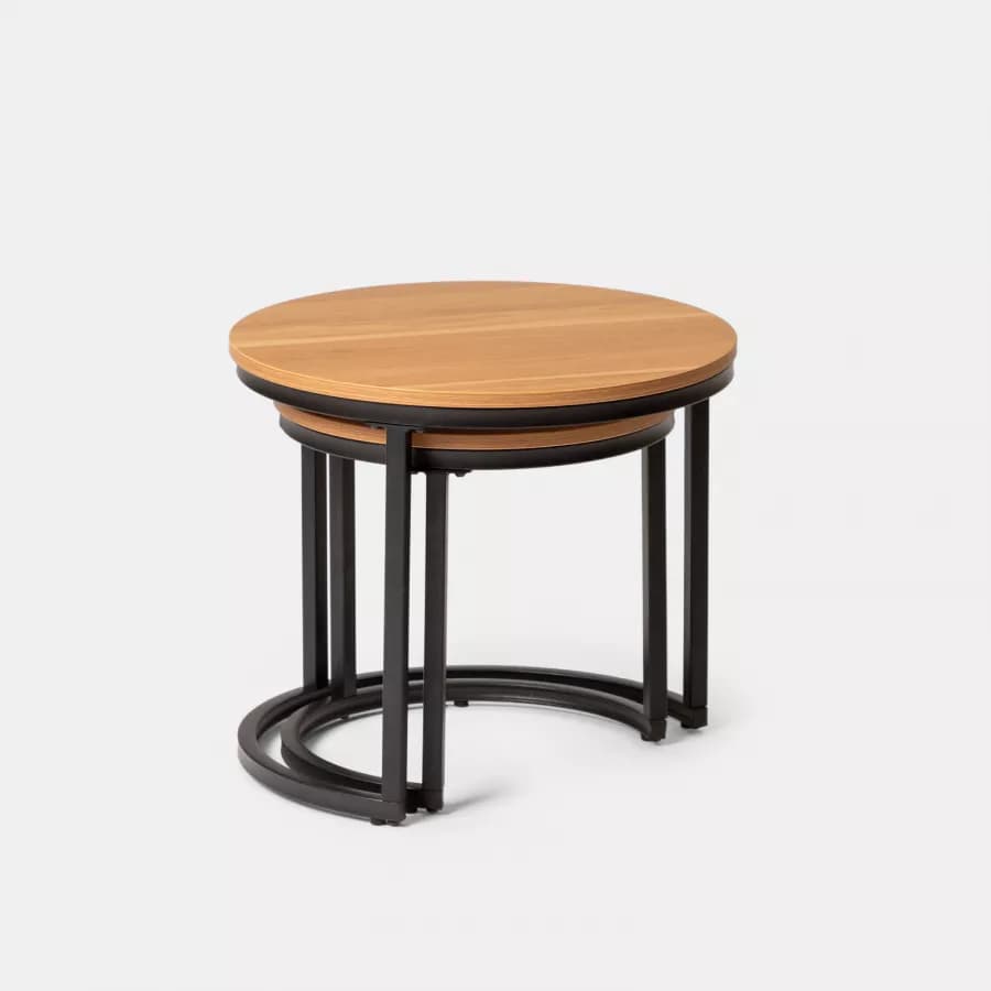 Set 2 tavolini rotondi con piano effetto rovere e struttura in metallo nero - Caio