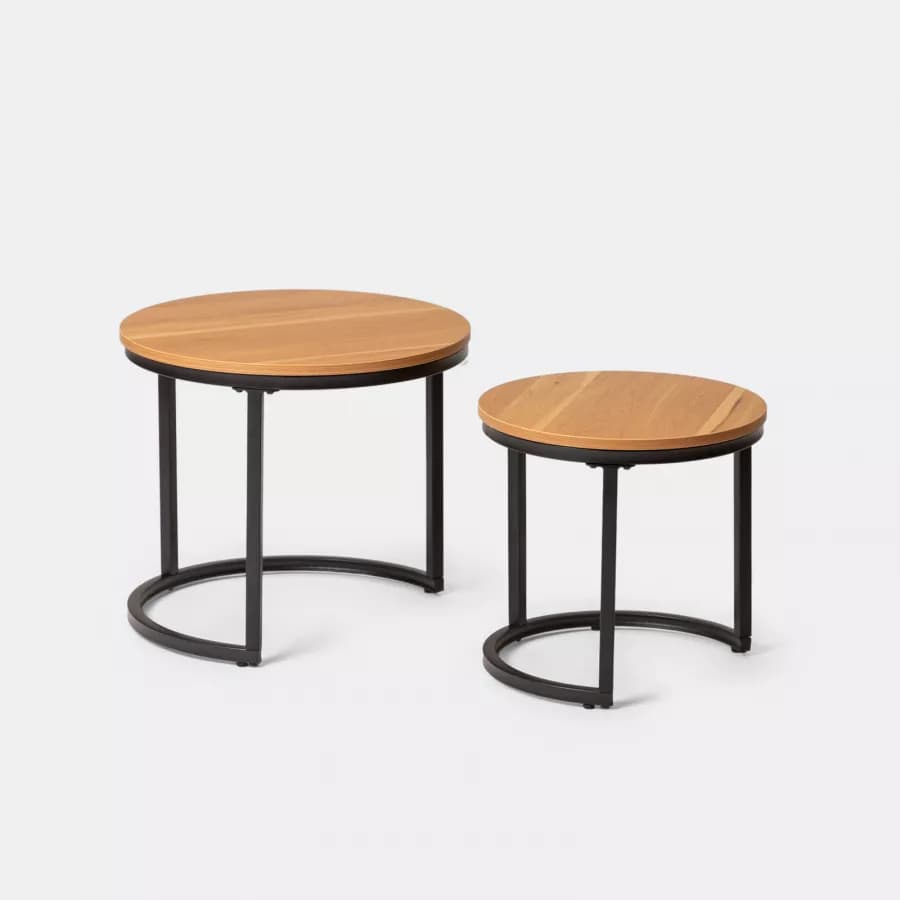 Set 2 tavolini rotondi con piano effetto rovere e struttura in metallo nero - Caio
