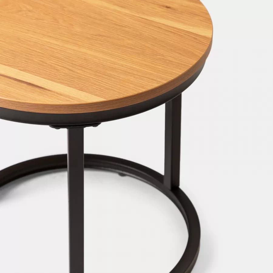 Set 2 tavolini rotondi con piano effetto rovere e struttura in metallo nero - Caio