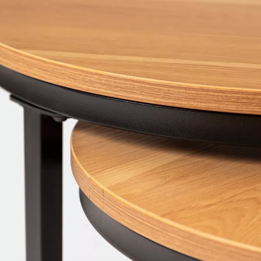 Set 2 tavolini rotondi con piano effetto rovere e struttura in metallo nero - Caio