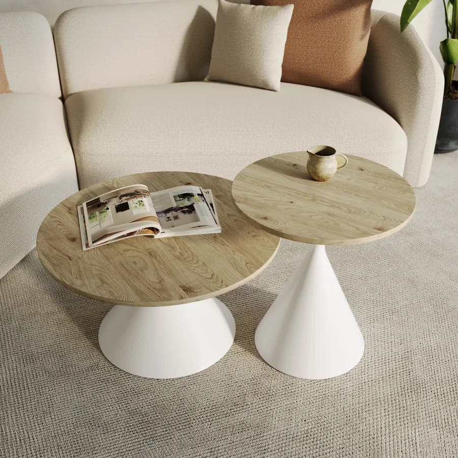 Set 2 tavolini rotondi con top rovere e base in metallo bianco - Karev