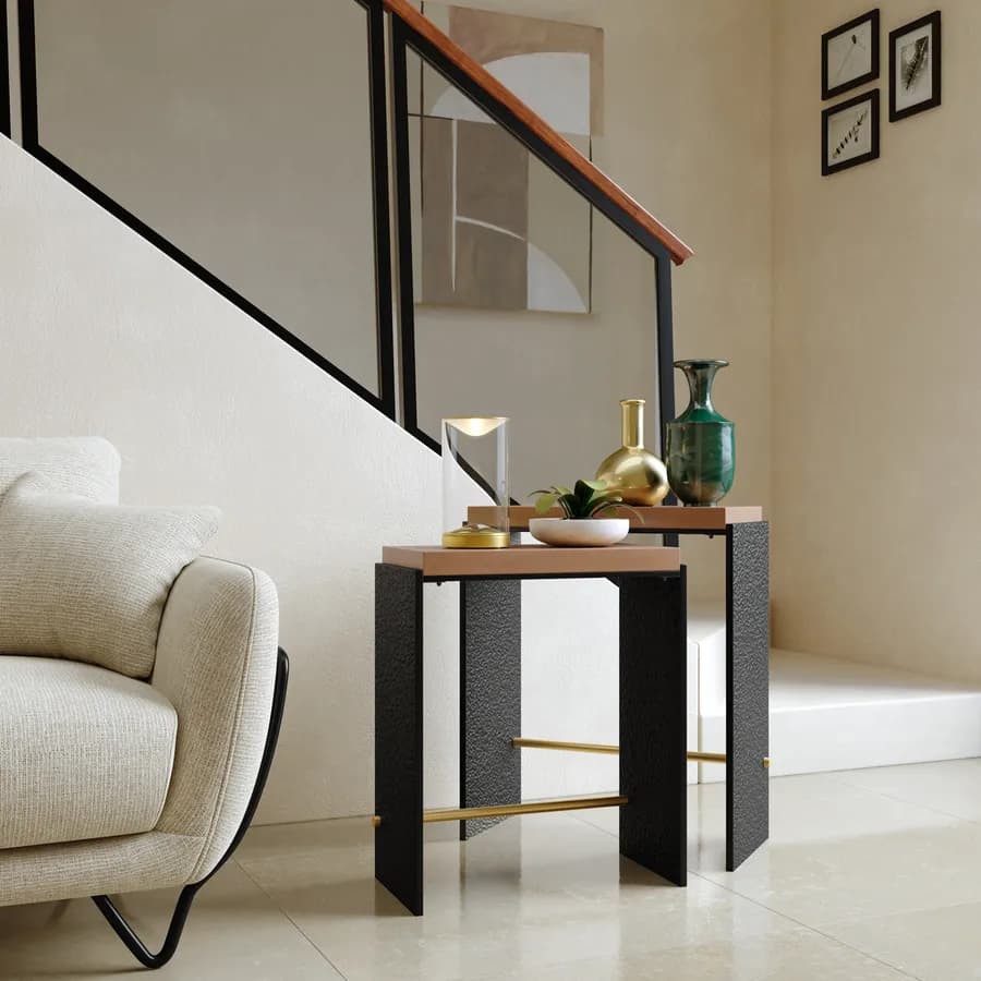 Set 2 tavolini sovrapponibili in legno noce benson e metallo nero - Colys