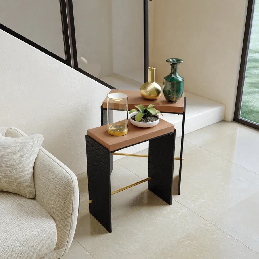 Set 2 tavolini sovrapponibili in legno noce benson e metallo nero - Colys