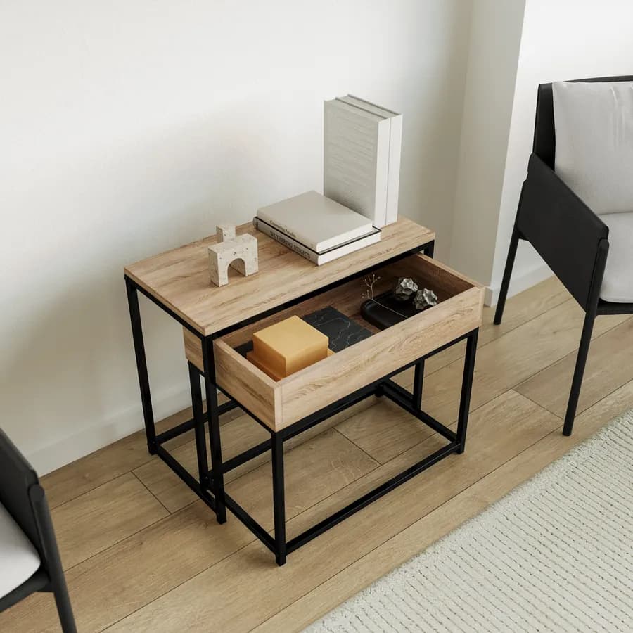 Set 2 tavolini sovrapponibili rovere selvatico e acciaio nero con vano contenitore rovere - Broderick