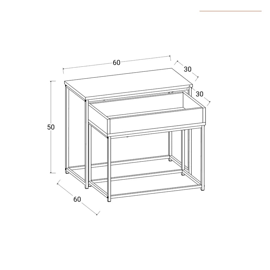 Set 2 tavolini sovrapponibili rovere selvatico e acciaio nero con vano contenitore rovere - Broderick