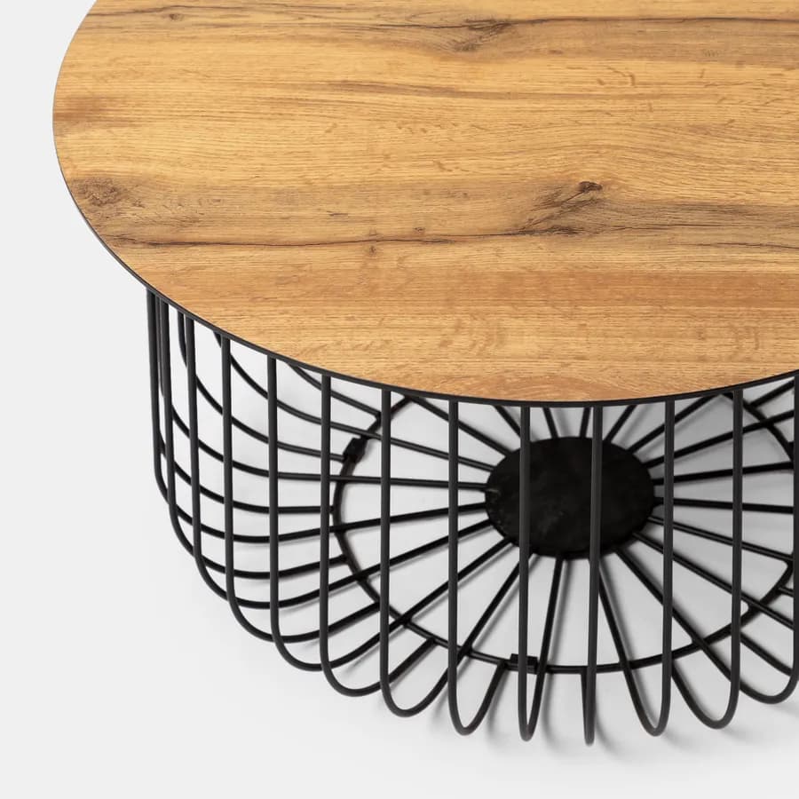 Set 2 tavolini tondi 37 cm e 60 cm in legno rovere chiaro e struttura in metallo nero - Kollek