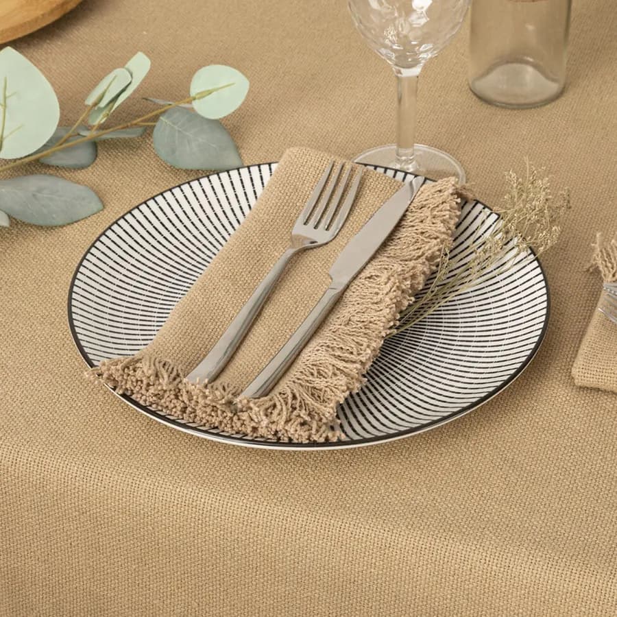 Set 2 tovaglioli in cotone beige scuro con frange - Saphir