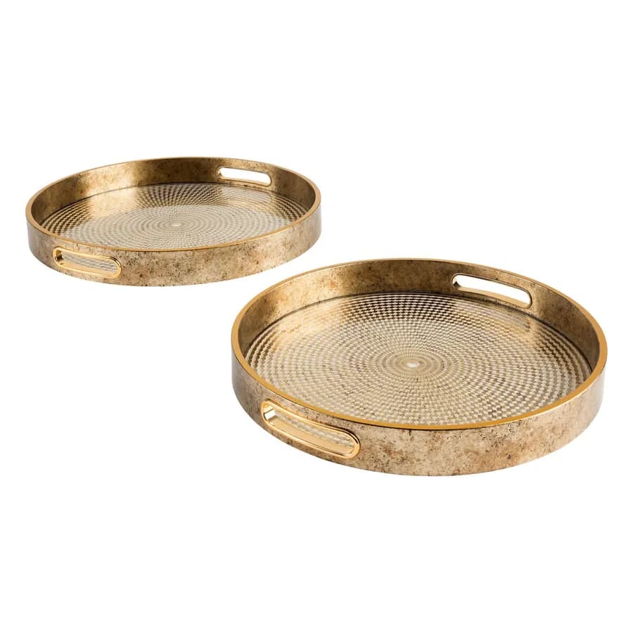 Set 2 vassoi rotondi in metallo oro decorato con manici