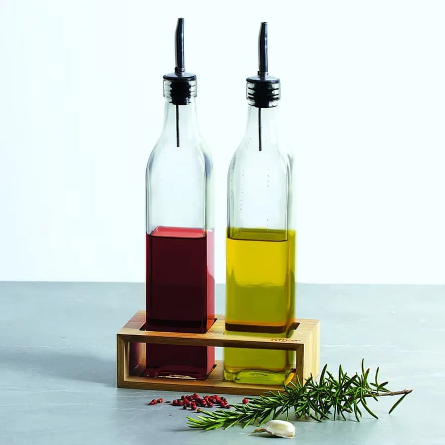 Set 3 accessori per condimenti in vetro e bambù naturale