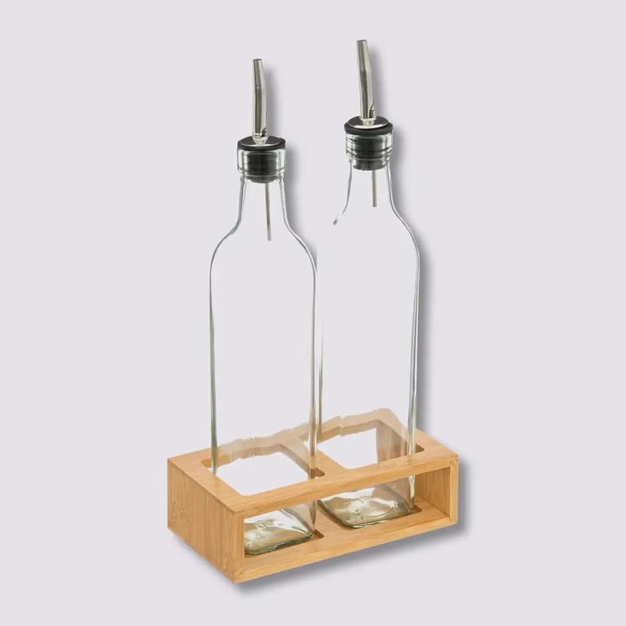 Set 3 accessori per condimenti in vetro e bambù naturale