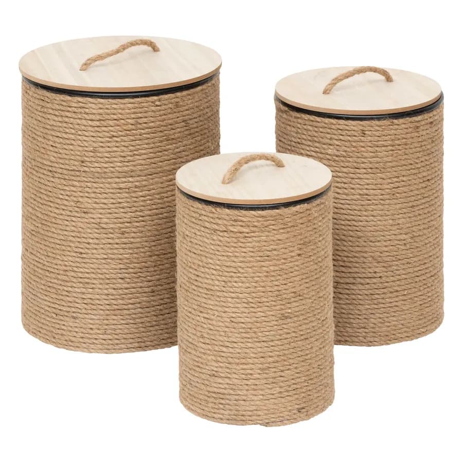 Set 3 cesti contenitori in acciaio e corda naturale con coperchio in legno